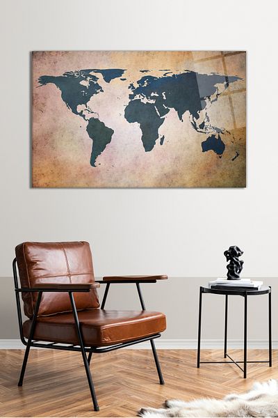 Vosevu Old Look Abstract World Map Glass Painting, Modern Home Office Decor, Gift Wall Decoration