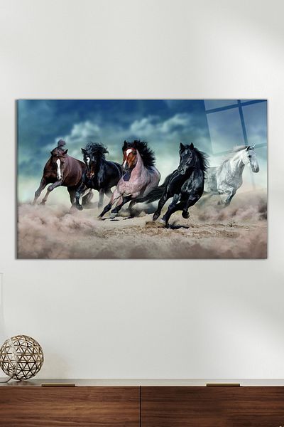 Vosevu Pictură pe sticlă Running Noble Horses, Decor modern pentru casă și birou, Decorare de perete cadou, Sticlă rezistentă la spargere