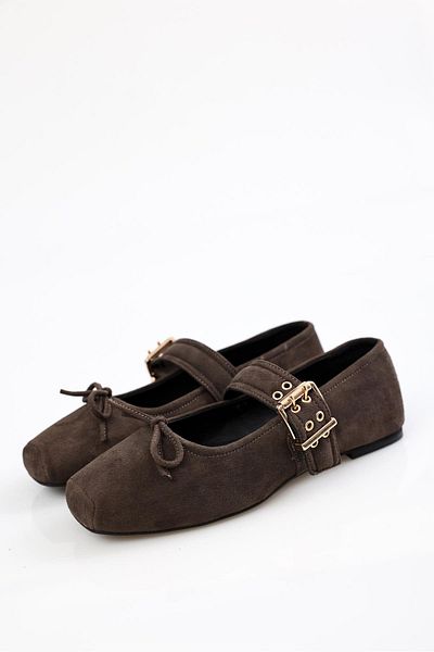 5in1Canpolat Bitter Brown Buckle Square Toe Ballerinas 24154