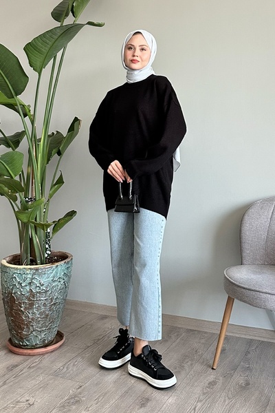 InStyle Fitilli Basic Siyah Triko Kazak