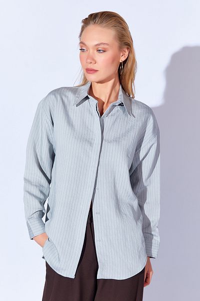 Manche Modal Soft Textured Luxury Striped Comfortable Cut Women's Shirt |   Gray Mkw 169403 -01