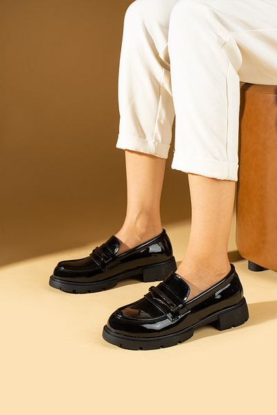 Pembe Potin Women's Black Patent Leather Loafer Moccasin Casual Buckle Daily Comfortable Sole Shoes