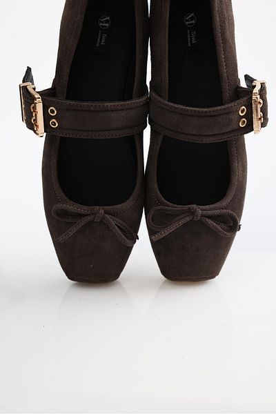 5in1Canpolat Bitter Brown Buckle Square Toe Ballerinas 24154