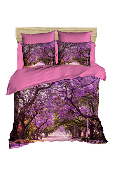 Fabeteks Purple Floral Jacquard Tree 3D Double Bedding Set