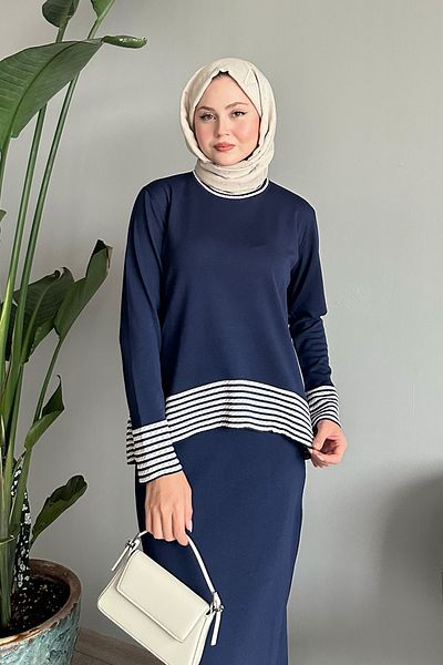 InStyle Navy Blue Suit with Piping Stripe Skirt