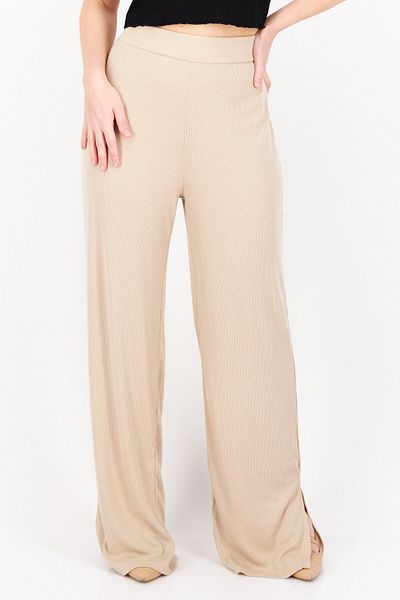 NA-KD Women Regular Fit High Rise Pull On Ribbed Pant, Beige
