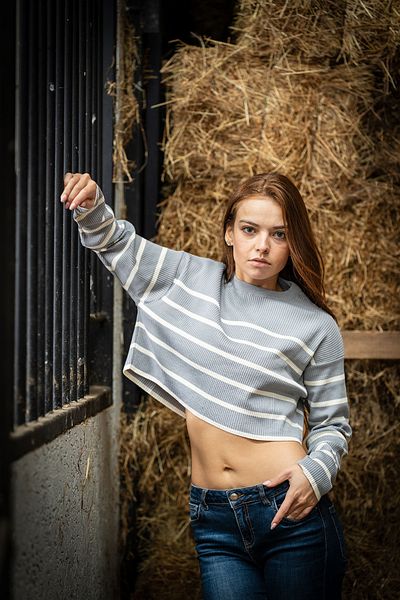 VerdeBlanco Gray Striped Long Sleeve Crop Sweater