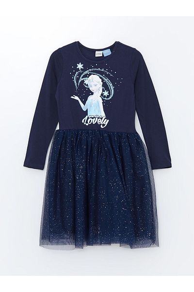 LC Waikiki Lcw Kids Girl's Dress - Navy Blue, Elsa Print, Long Sleeve, Crew Neck