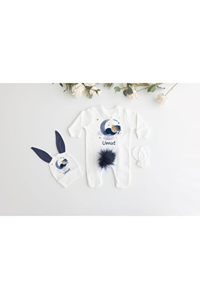 Bebe wini %100 Pamuk Baskılı Tavşanlı 11’li Isimli Organik Lacivert Tavşanlı Bebek Hastane Çıkışı