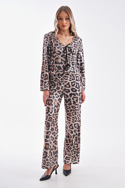 Pulli Collection Sequin Leopard Patterned Wide Leg Trousers Pll-037