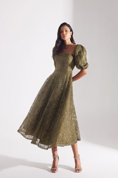 BETTY & SAM Sarah Glitter Balloon Sleeve Flounced Midi Engagement Dress