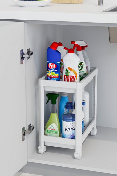 Ecolux Shelf White 2-Tier Organizer - Wheeled Bathroom Cabinet, Kitchen Countertop and under Sink Detergent Holder