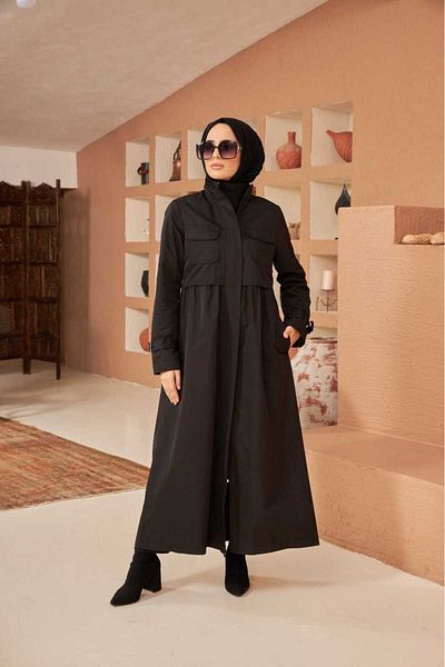 Neways Black 6302-Inter Gathered Trench Coat