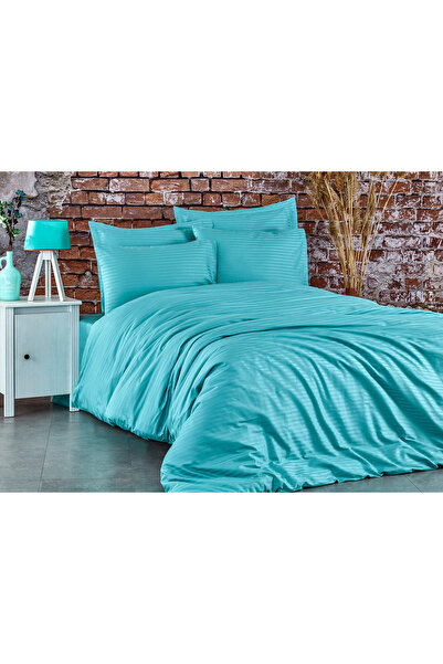 Komfort Home طقم غطاء لحاف من الساتان القطني المخطط المزدوج