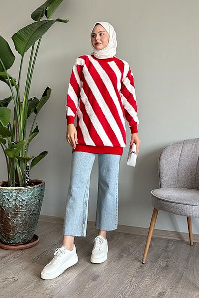 InStyle Yumoş Double Striped Red Knitwear Sweater