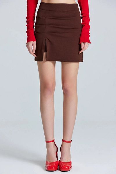 World Fashion Trends WFT2409 Λεπτομερής καφέ φούστα με σκίσιμο