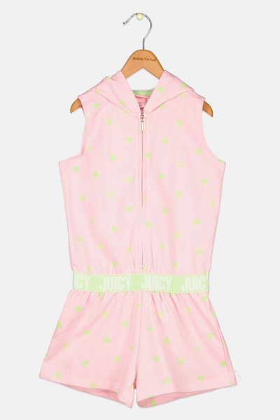 Juicy Couture KIds Girl Allover Printed Sleeveless Hooded Romper, Pink Combo