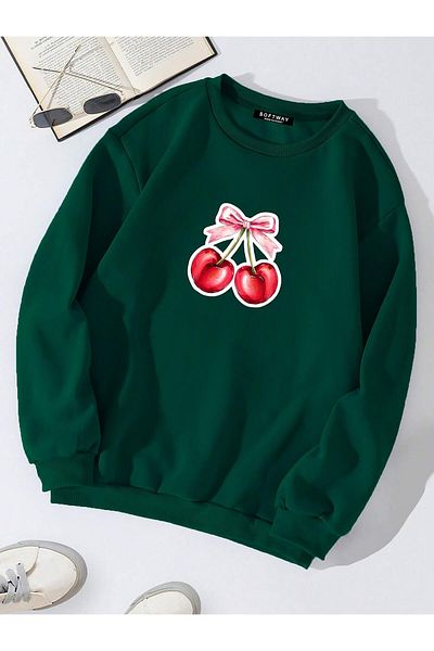 SOFTWAY Unisex Oversize Ribbon Cherry Printed Basic φούτερ – Σκούρο πράσινο