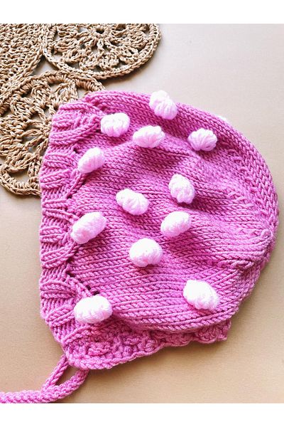 The Cloudish Shop Pink Laura Lora Pompom Baby Beanie - Hand Knitted and Hat Bonnet