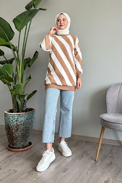 InStyle Yumoş Double Striped Camel Knitwear Sweater