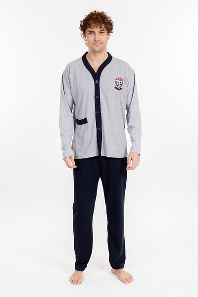 Pemilo Men's Gray Single Jersey Pajama Set - 960 Long Sleeve and Button Detail