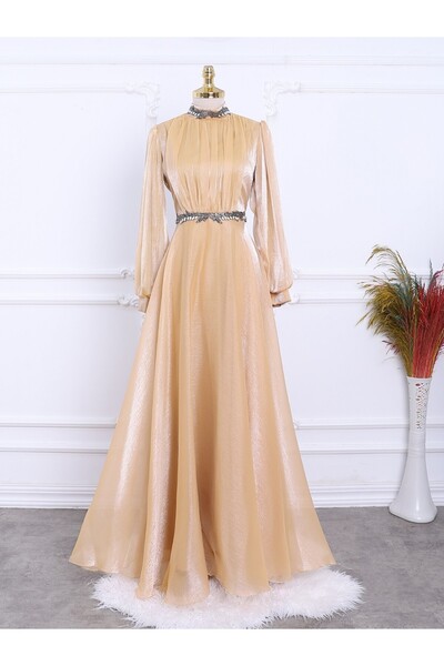 Modamorfo Tulle Evening Dress with Bead Detail on the Neck and Waist