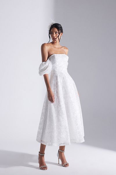 BETTY & SAM Sarah Glitter Balloon Sleeve Flounced Midi Engagement Dress