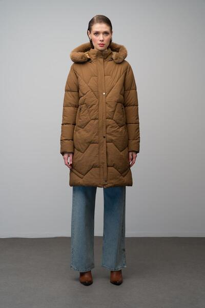 Olcay Vzorovaný prošívaný kabát – odepínací kožešina a kapuce, Camel 6620