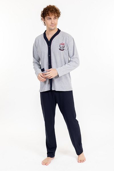 Pemilo Men's Gray Single Jersey Pajama Set - 960 Long Sleeve and Button Detail