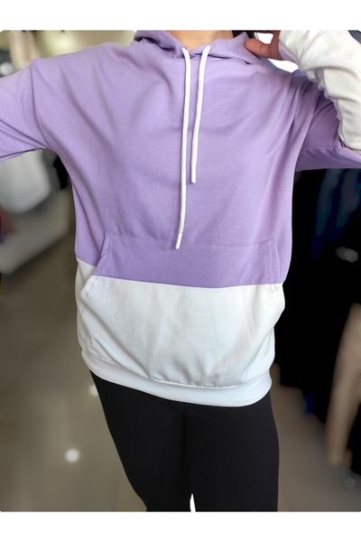 Sublime Butik Unisex Μωβ Λευκό Διπλό Χρώμα Hoodie