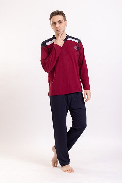 Pemilo Men's 980 Long Sleeve Single Jersey Pajama Set Claret Red
