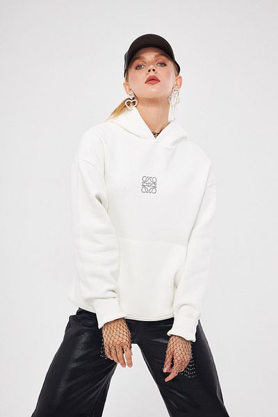 The Champ Clothing Hooded Fleece Stone Printed White Oversize Hoodie Sweatshirt