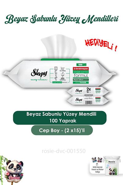 Sleepy White Soap Surface Cleaning Towels - 2 Pieces, 50 Pieces, Easy Clean 2X15 and Rosie
