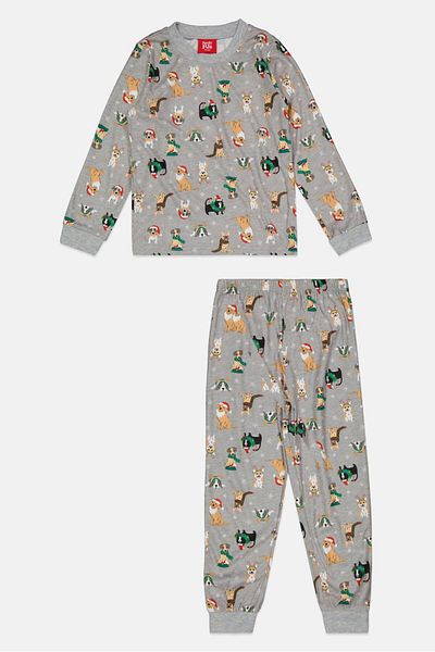 Family PJs Kids Boy Animal Print Long Sleeve Top And Bottom Set, Grey Combo