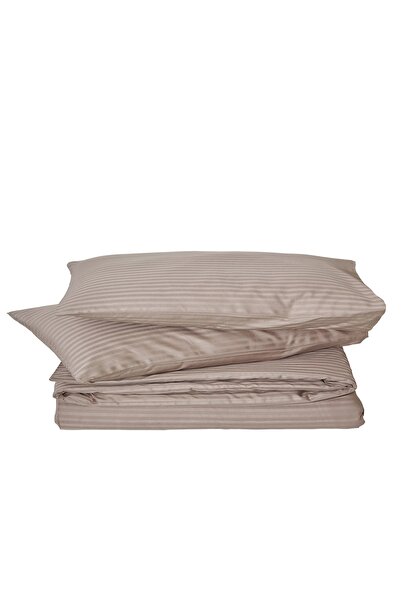 Komfort Home طقم غطاء لحاف قطن ساتان مخطط مفرد / بني غامق