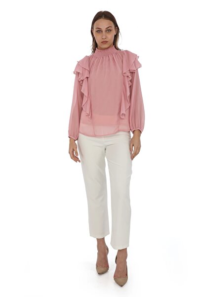 lodmela Omuz Fırfırlı Yaka Gipeli Şifon Bluz 6001-Pudra