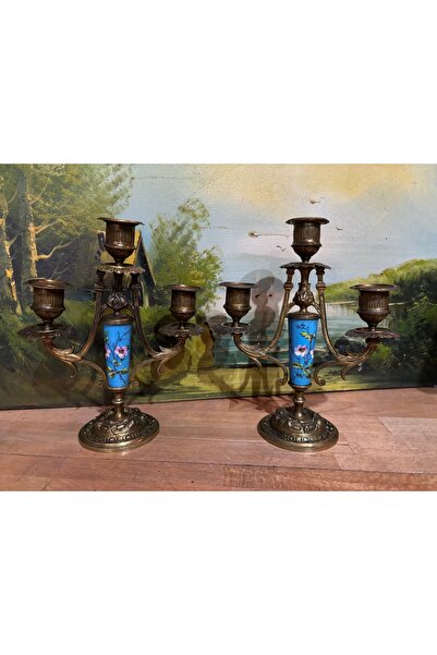 tayfuntufan antika koleksiyon Fransız Sevres bronz işlemeli şamdan çifti 21,5 cm boyunda