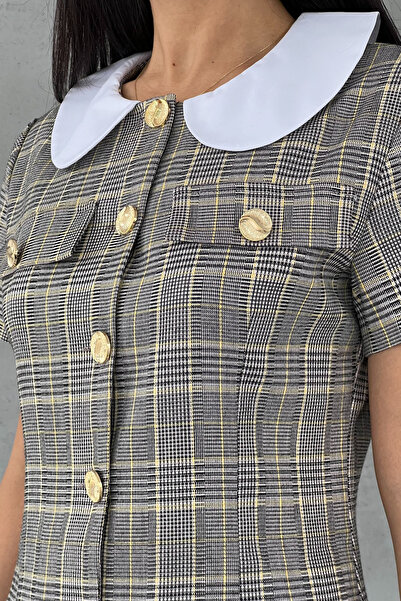 Seda Yalçın Atelier Φόρεμα με χρυσό κουμπί με κίτρινο καρό γιακά μωρού