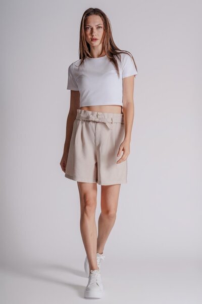 BRACCAS Γυναικείο σορτς Jogger Stone Color - Πλισέ, λαστιχένια μέση και λεπτομέρεια ζώνης