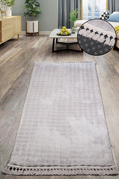 Teksev Bubble Gray Color Pompom Fringed Cutting Plush Runner Washable Non-Slip Based Soft Tassel Carpet