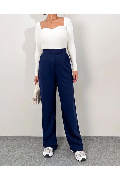 LE CARAMBOLE Women's Navy Blue Lycra Velcro Closure Palazzo Pants