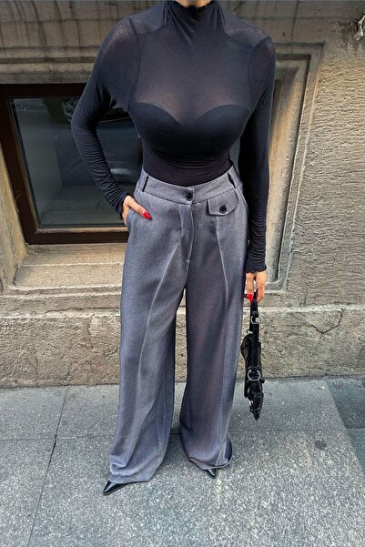 Ortaya Çık Γκρι παντελόνι Palazzo - Ύφασμα με μάλλινο εφέ και σχέδιο τσέπης