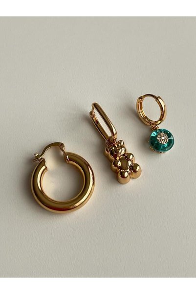 Koprinaco Özel Kaplama Gold Renk Mavi Tedyy Üçlü Küpe Seti (2.80 Cm)