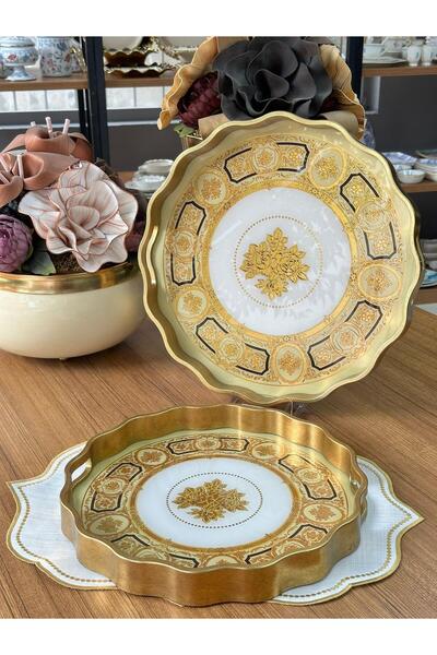 MD MİMOZA DEKOR Luxury 2 Pieces Round Wooden Tray