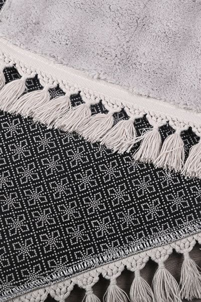 Teksev Bubble Gray Color Pompom Fringed Cutting Plush Runner Washable Non-Slip Based Soft Tassel Carpet