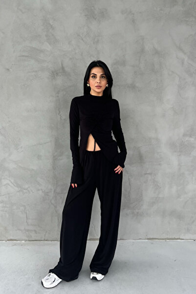Seda Yalçın Atelier Black Gather Detailed Long Sleeve Blouse and Loose Trousers Set