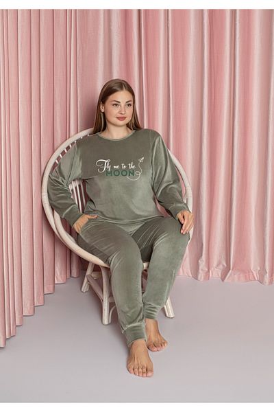 Lady Light Green Plus Size Velvet Pajama Set