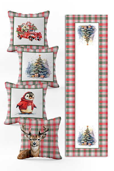 Evmila Yılbaşı Özel Set 4 Adet Kırlent 1 Adet Runner