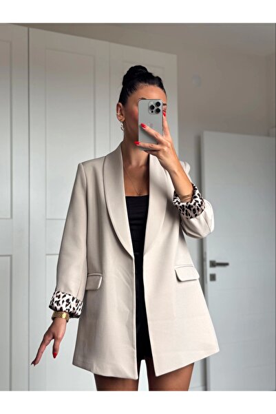 Genel Markalar Leopar Astarlı Şal Yaka Blazer Ceket Taş