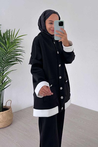 Ka Hijab Elegant Button Detailed Double Scuba Suit - Black